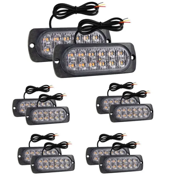 LED set 10× výstražné svetlá 36W – oranžové, 12 LED čipov, 12–24V, IP65